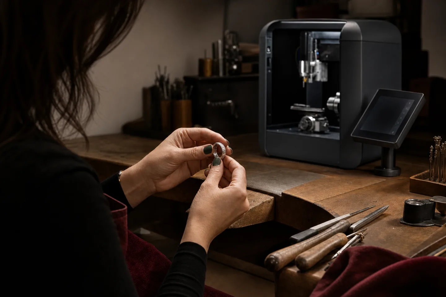 女性戒指工匠检查成品戒指，背景里是小型 CNC 首饰雕刻工作站